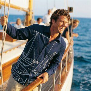 International Male Nautical Sailboat Blueprint Shirt Navy Cotton Small VTG Rare